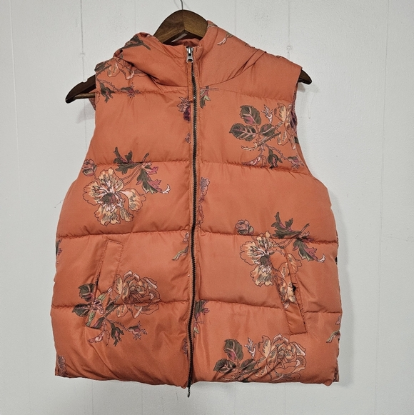 Sundance Urban Blooms Puffer Vest Orange Floral Hooded Pockets - Picture 2 of 8